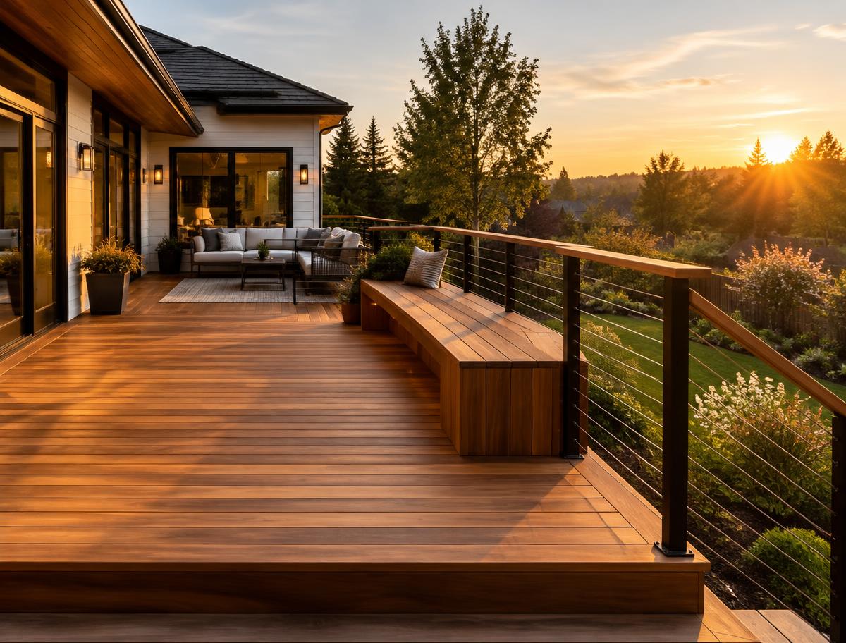 Cedar deck with black cable railings lit by late afternoon sun