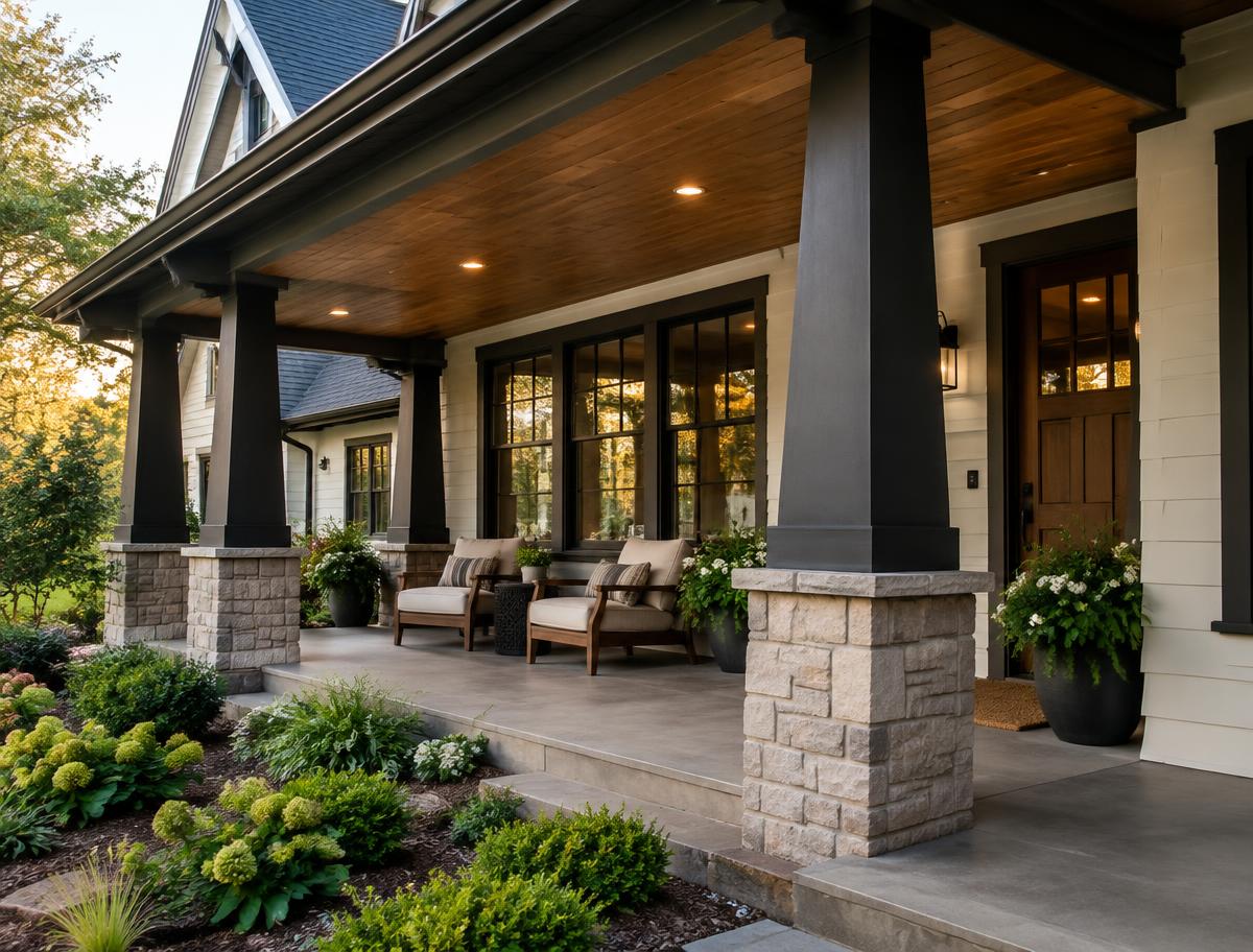 Covered front porch with dark columns, warm wood ceiling and two chairs
